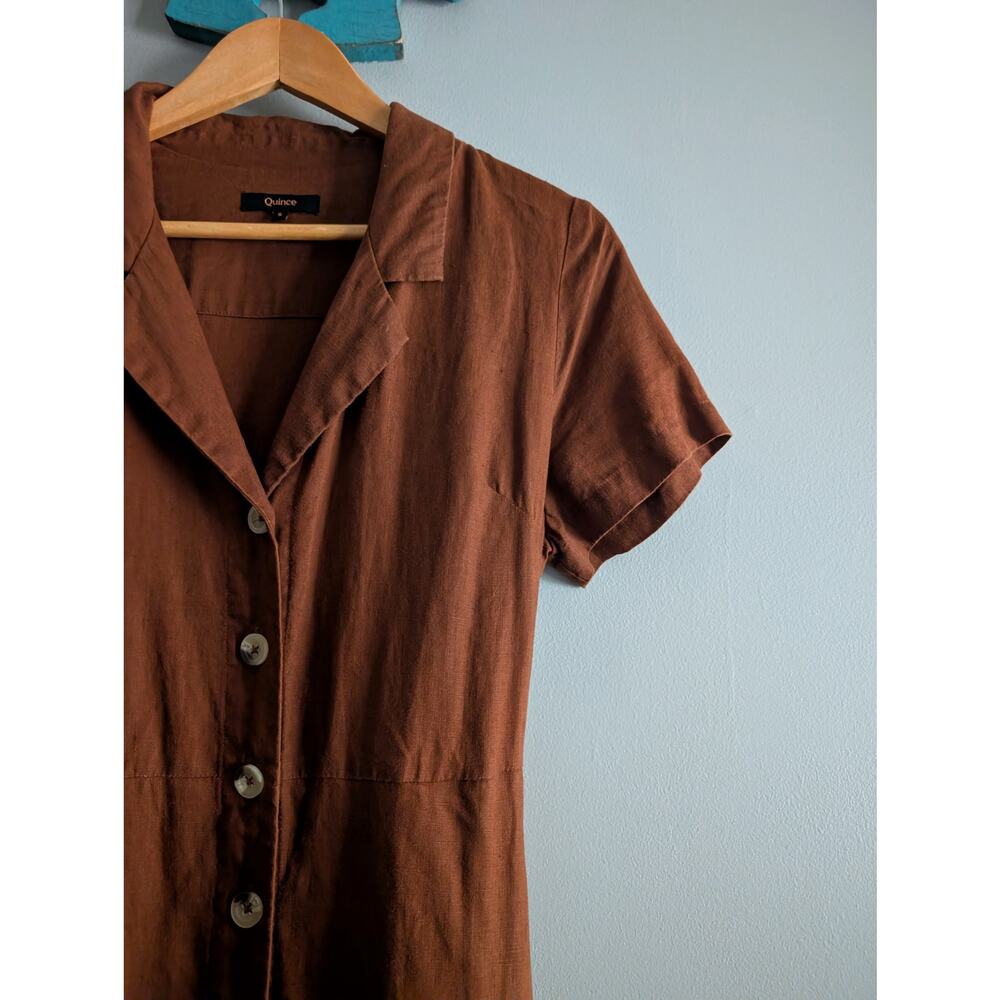 Quince 100% Linen Button Front Dress S Terracotta Rust Midi Pocket Notch Collar - Picture 5 of 16